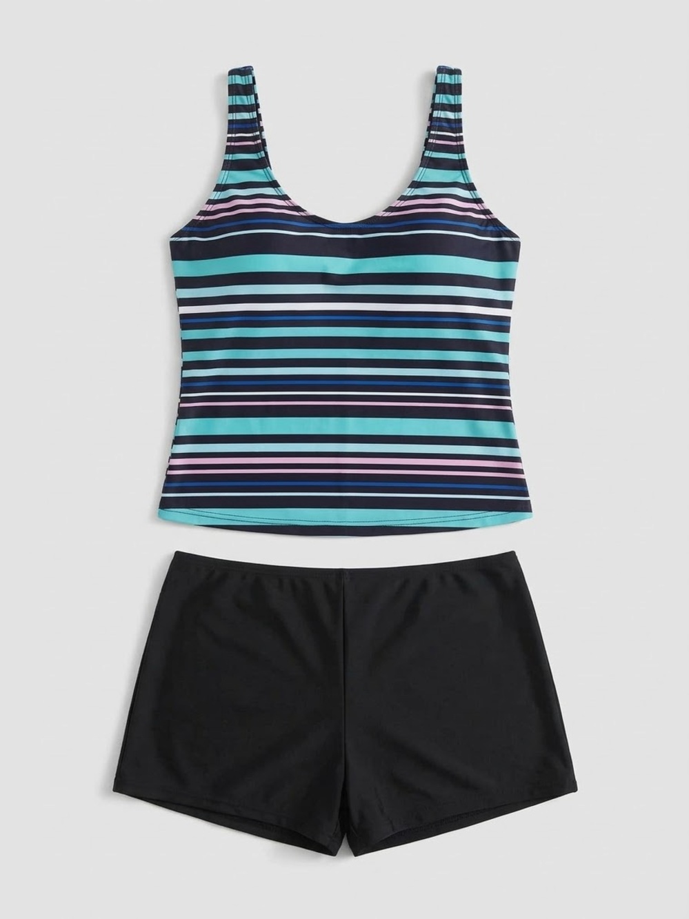 SHEIN Blue, Teal & Purple Striped Tankini with Black Swim Shorts